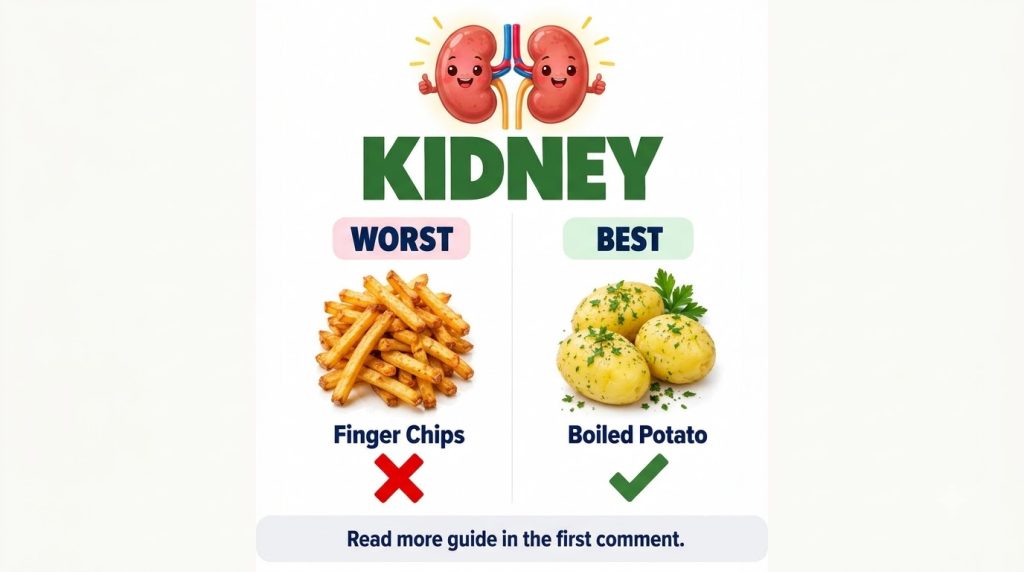 A minimalist nutrition infographic comparing Worst fries and Best boiled potatoes choices for kidney health featuring ha