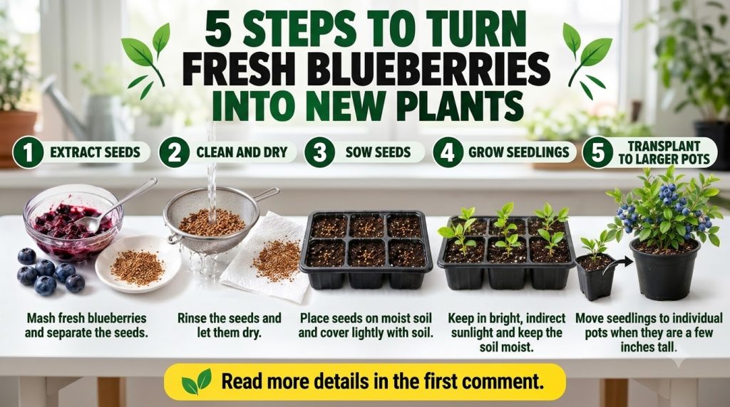 An infographic detailing 5 steps to grow blueberries from seeds mashing berries cleaning seeds sowing seeds growing seed