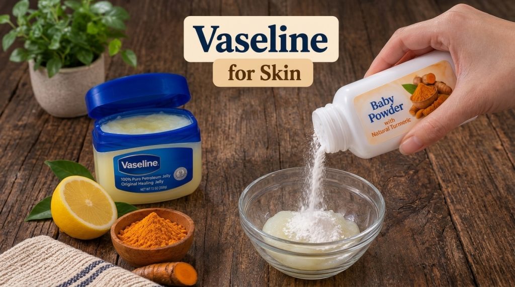 A hand pouring turmeric powder into a clear glass bowl with Vaseline surrounded by ingredients like a tub of Vaseline sl