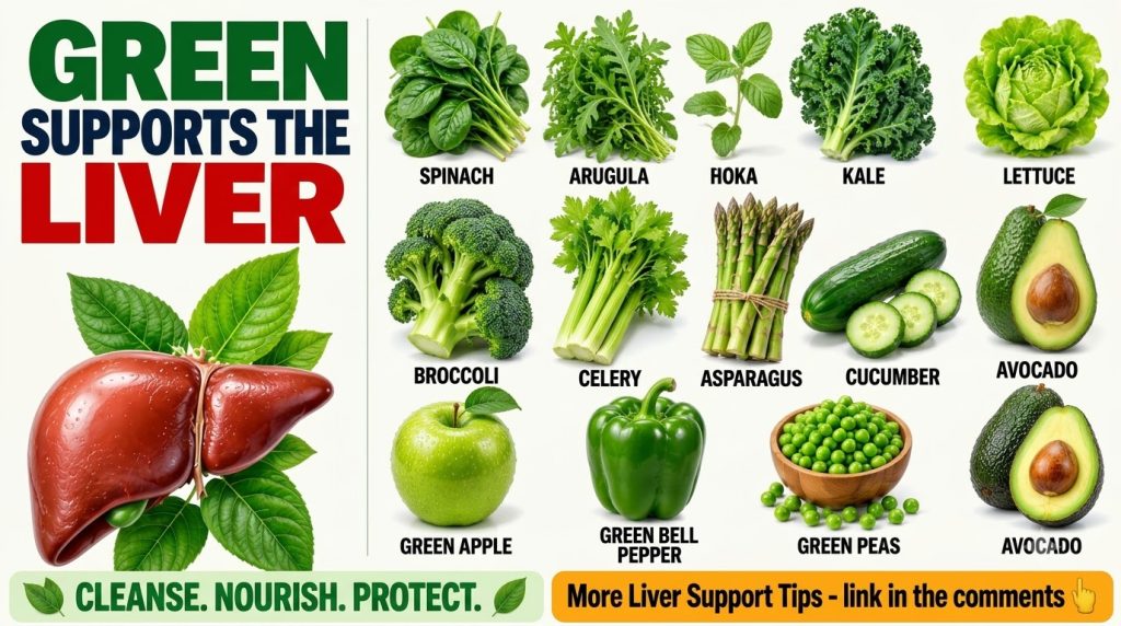 A clean minimalist nutrition infographic titled GREEN SUPPORTS THE LIVER featuring twelve ultra-photorealistic green foo