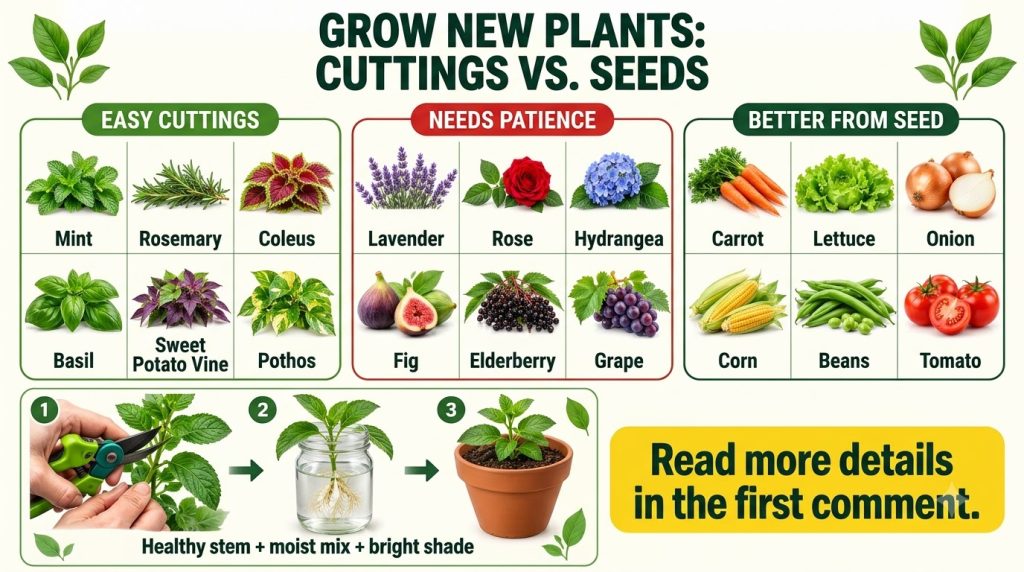 An infographic titled Grow New Plants Cuttings vs Seeds showing different plants categorized by propagation method easy 