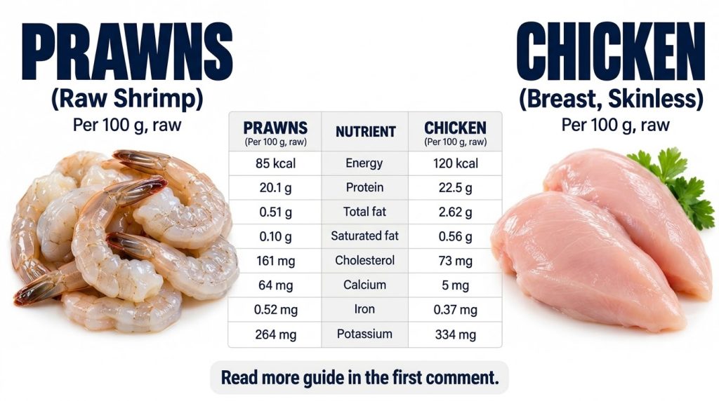 An infographic comparing the nutritional values of raw prawns and skinless chicken breast The top half shows high-qualit