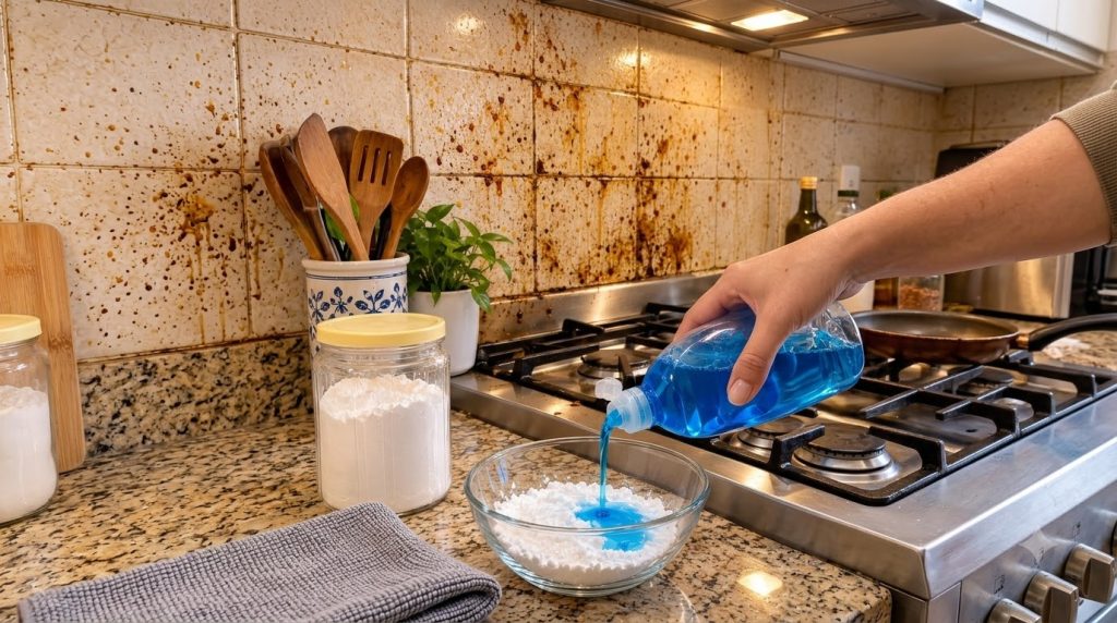 A close-up of a hand pouring vibrant blue dish soap into a glass bowl containing white powder on a granite countertop wi