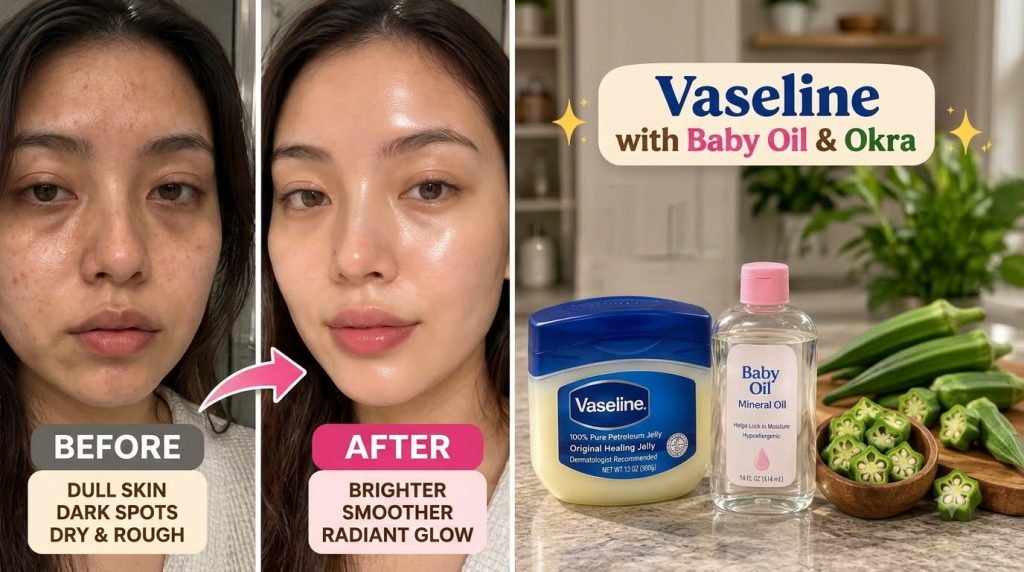 A vertical split-screen comparison of a woman s face showing Before dull skin dark spots on the left and After brighter 