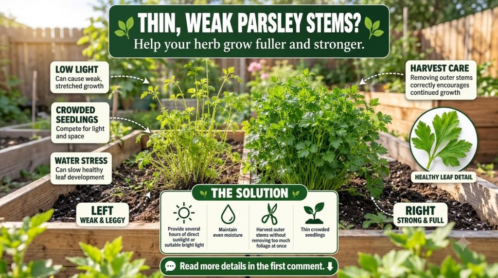 An infographic comparing a weak leggy parsley plant with a strong full parsley plant highlighting common problems and so