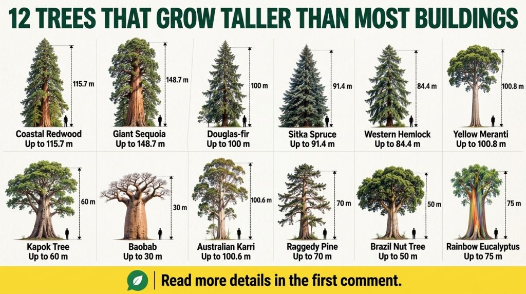 An educational infographic similar to the one described titled 12 Trees That Grow Taller Than Most Buildings showing det