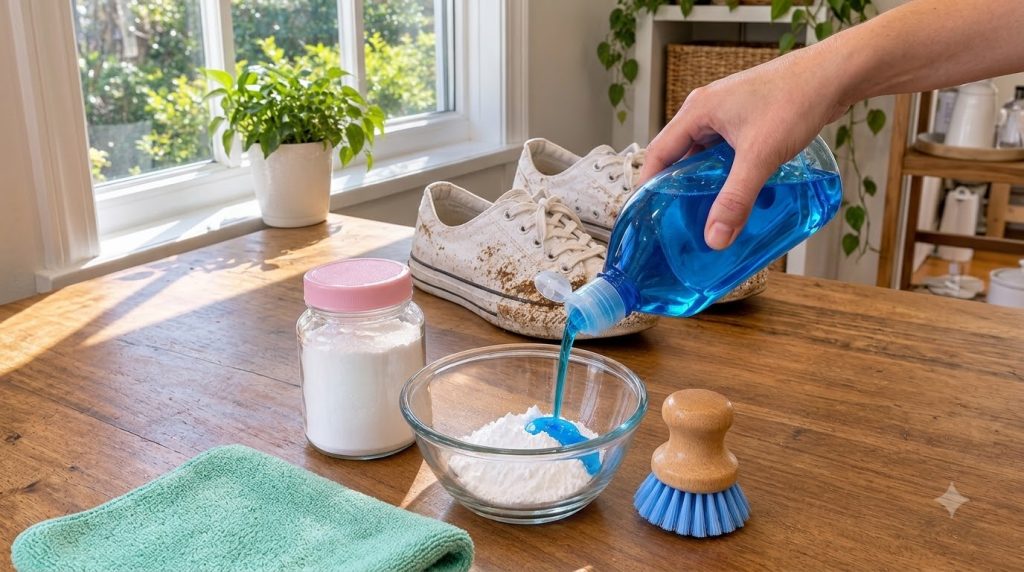 A close-up of a hand pouring blue dish soap into a glass bowl containing white baking soda with dirty white canvas sneak