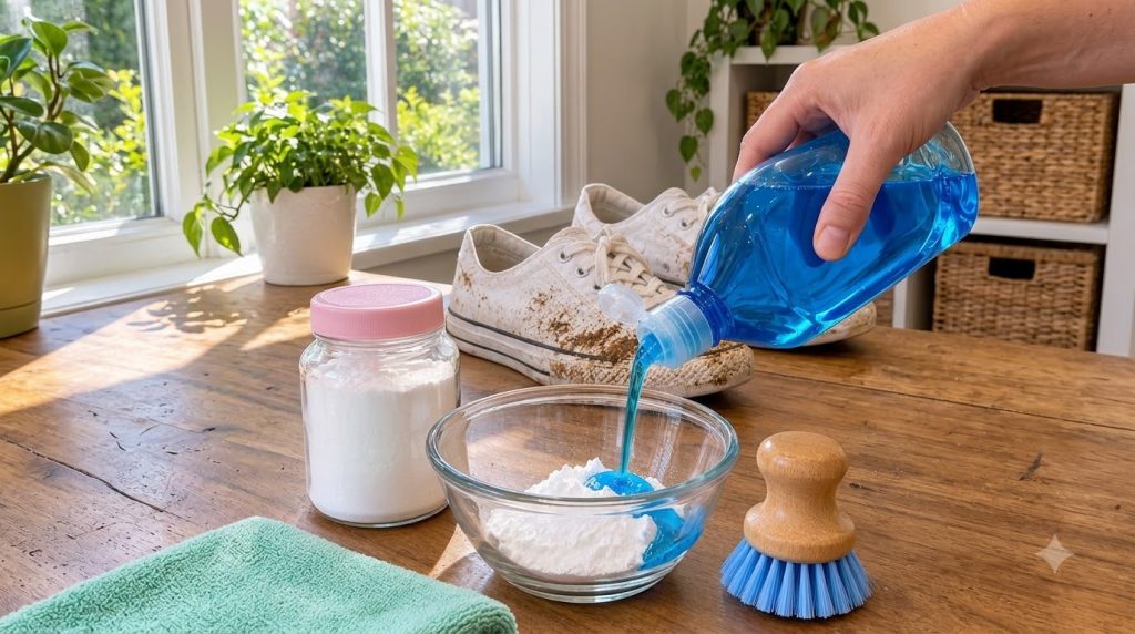 A hand pouring blue dish soap into a bowl of white powder baking soda to create a cleaning paste In the background muddy