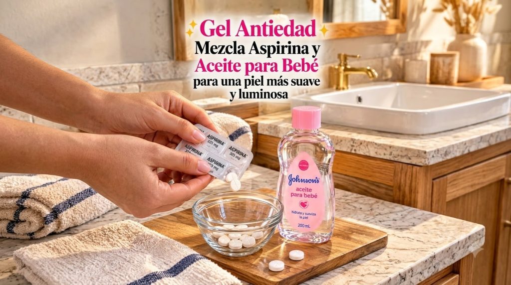 A hand dropping aspirin tablets into a glass bowl next to a bottle of baby oil on a bathroom vanity Aspirin tablets are