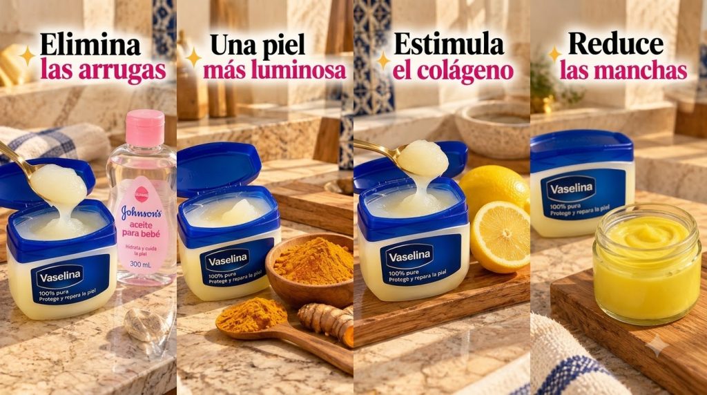 A four-panel collage showcasing different skincare hacks using Vaseline and natural ingredients The top-left panel featu