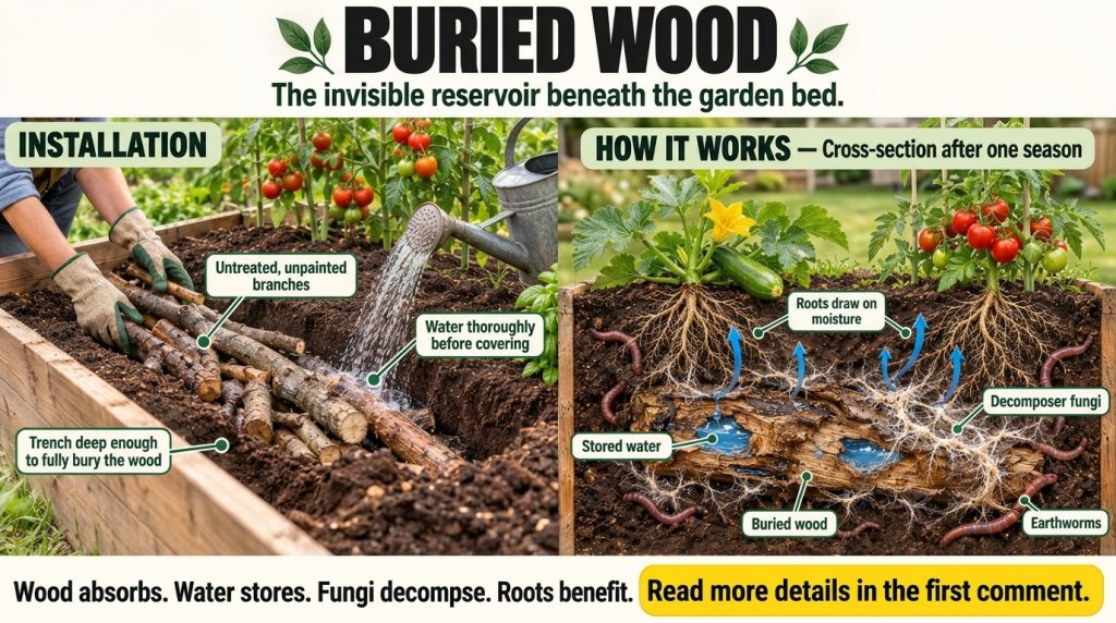 An educational infographic titled BURIED WOOD The invisible reservoir beneath the garden bed detailing the Hugelkultur m