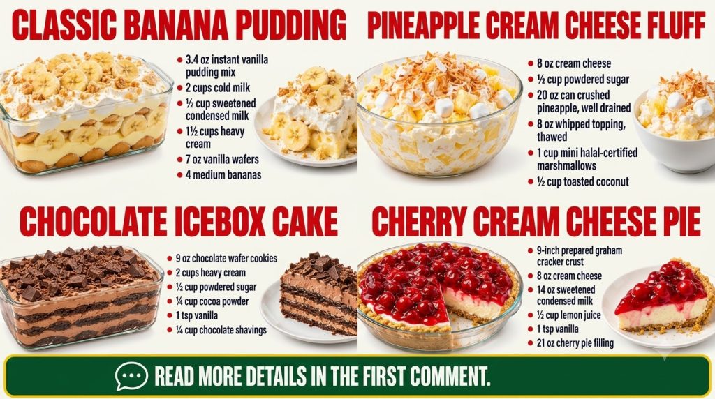An infographic showcasing four easy dessert recipes Classic Banana Pudding Pineapple Cream Cheese Fluff Chocolate Icebox