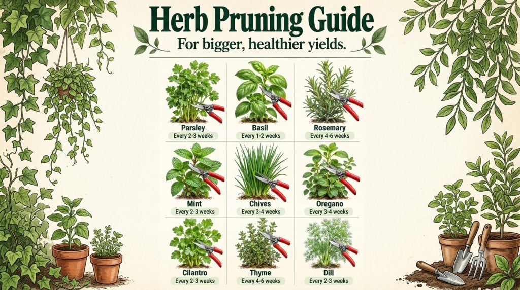 An infographic showing 9 common herbs Basil Mint Chives Cilantro Thyme Oregano Parsley Rosemary Dill with illustrations