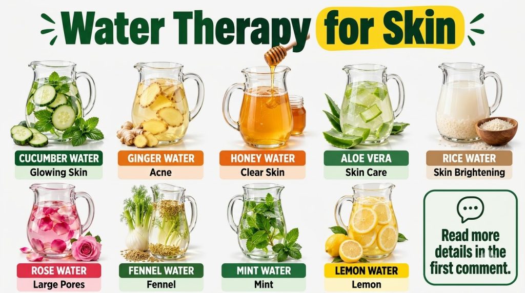 An infographic titled Water Therapy for Skin featuring a 3x3 grid of nine different infused waters Each clear glass pitc