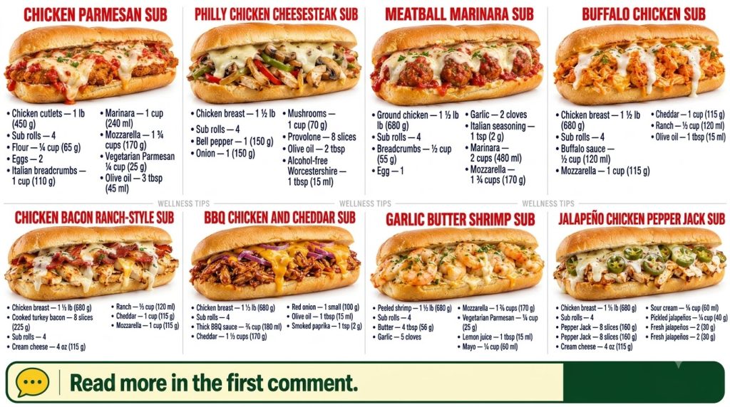 A professionally designed food menu infographic featuring eight different submarine sandwiches arranged in a 4x2 grid Ea