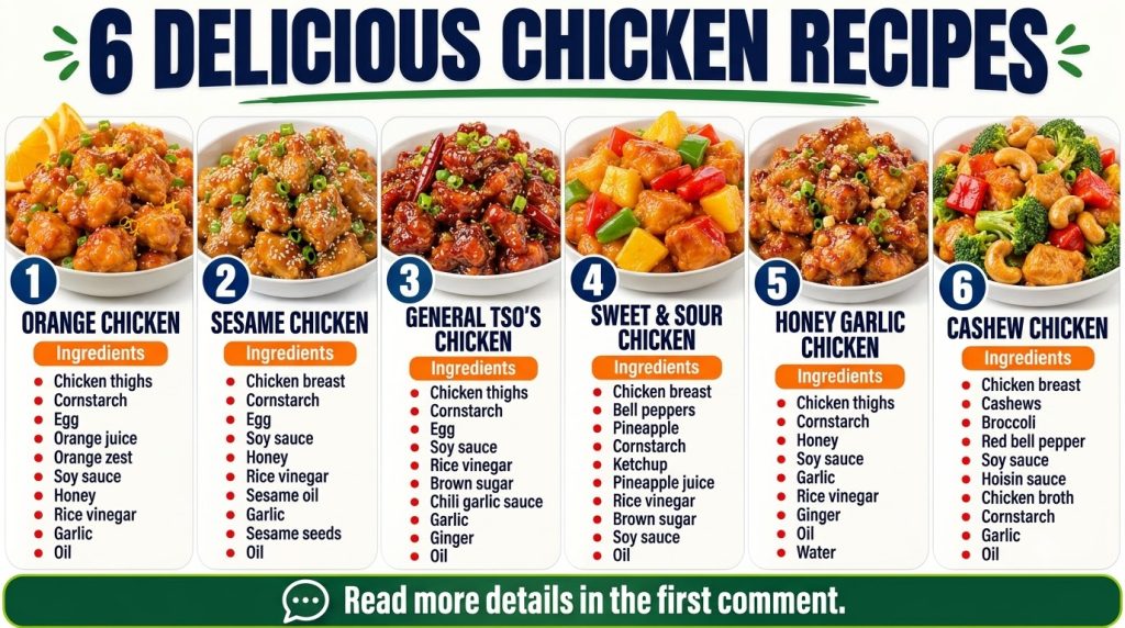A clean organized grid of six different chicken dishes each in a white bowl against a light gray background with titles