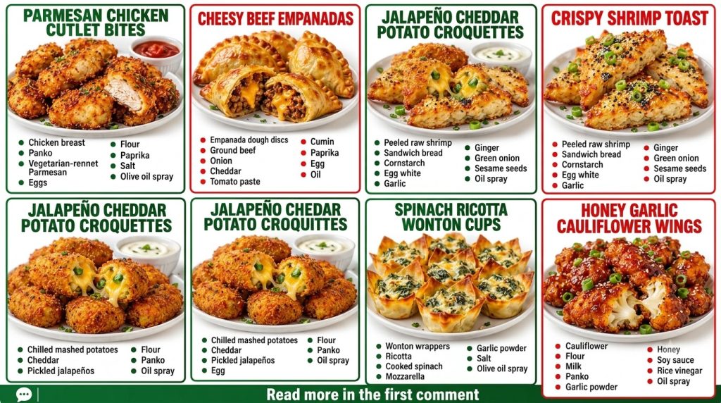 An infographic-style collection of six distinct appetizer recipes arranged in a grid each with a title a photorealistic