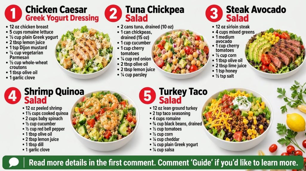 An infographic showing five different salad recipes with their ingredients listed alongside visually appealing bowls of