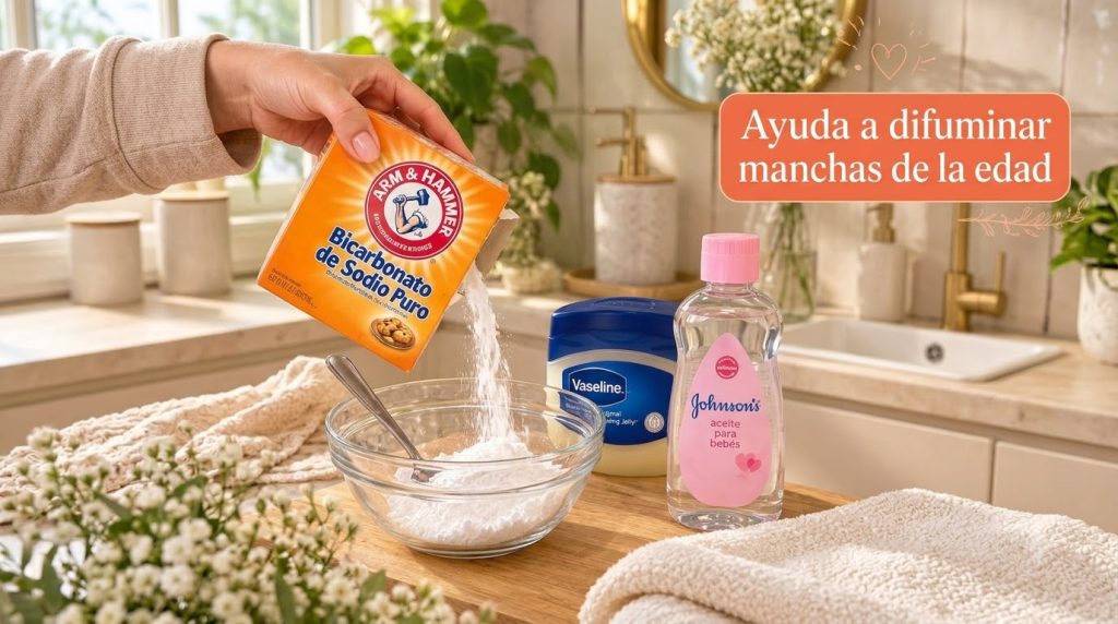 A close-up of a hand pouring baking soda from a box into a glass bowl with Vaseline and baby oil bottles on a wooden boa