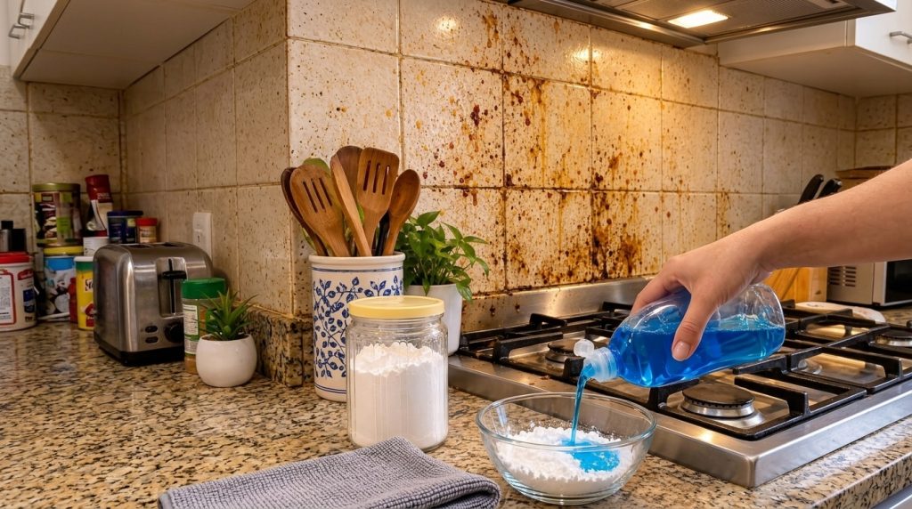 Close-up of a hand pouring blue dish soap into a bowl with white powder against a dirty kitchen backsplash