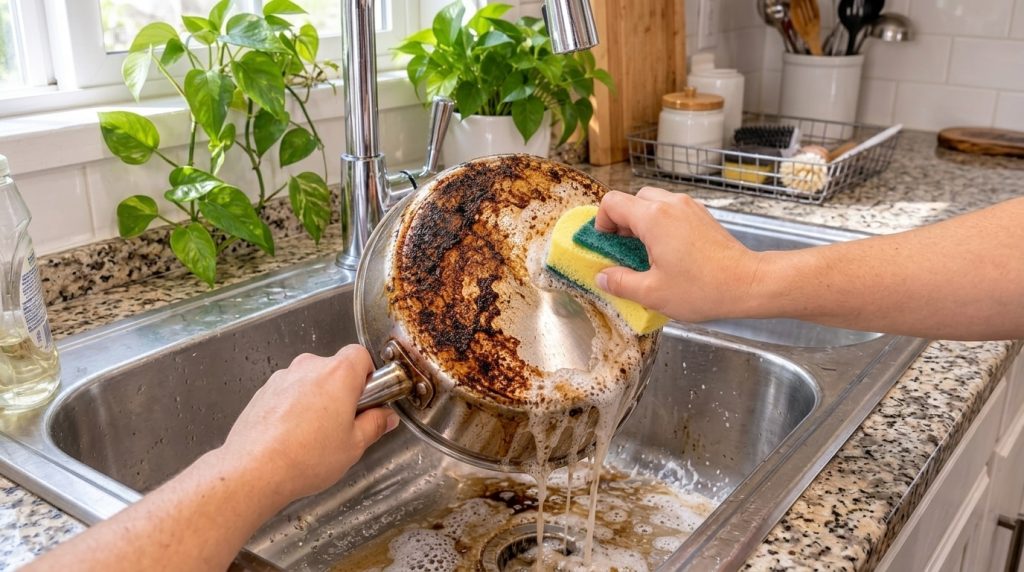Hands scrubbing a heavily burnt stainless steel pan in a kitchen sink with soapy water and foam