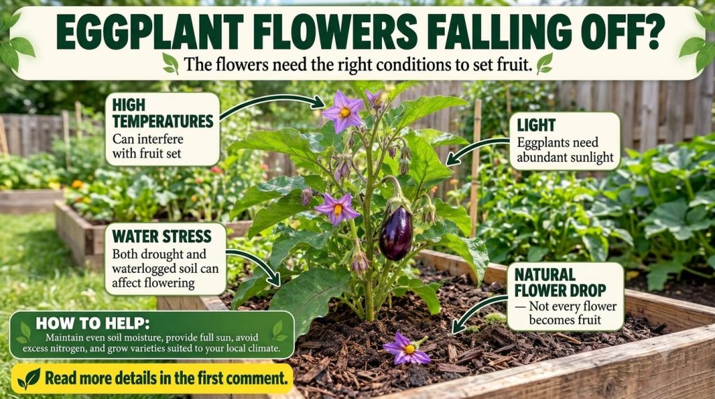 An infographic explaining why eggplant flowers drop showing an eggplant plant with text boxes pointing to high temperatu