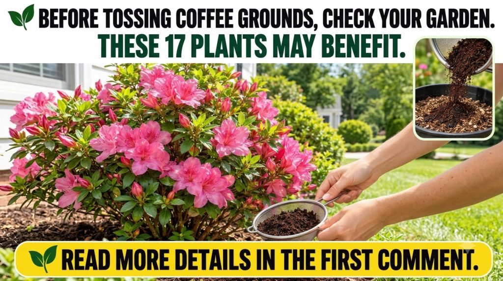A close-up of hands sifting coffee grounds over a vibrant pink azalea bush in a garden