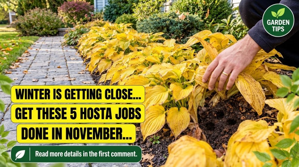 A split panel showing golden yellow hosta leaves in a garden bed and a close-up of a hand clearing leaves to show dark s