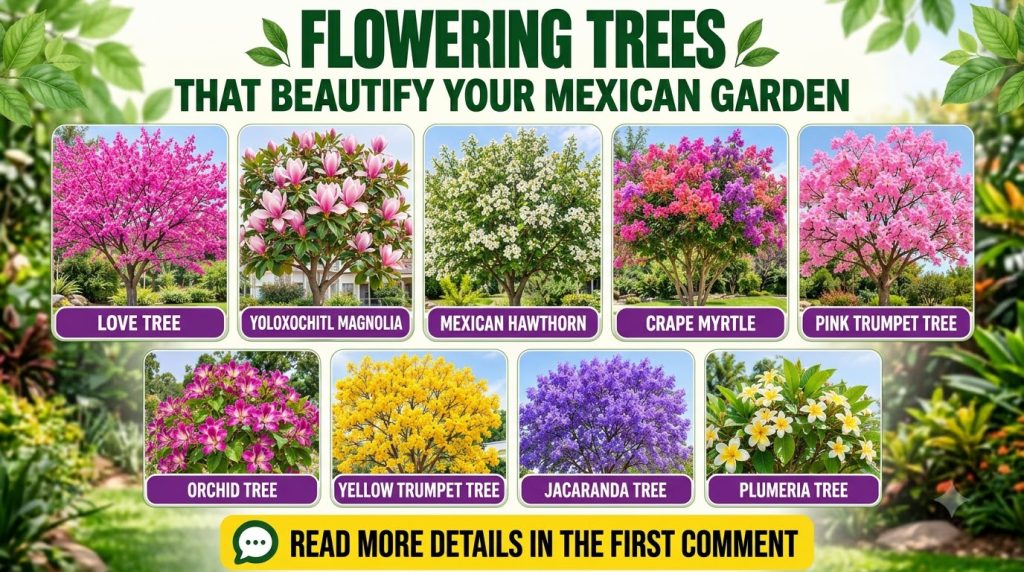 An infographic showcasing nine different flowering trees that beautify a Mexican garden with stylized illustrations and