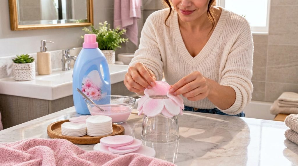 A person s hands delicately arranging pink and white cotton pads around an inverted clear glass on a marble countertop f