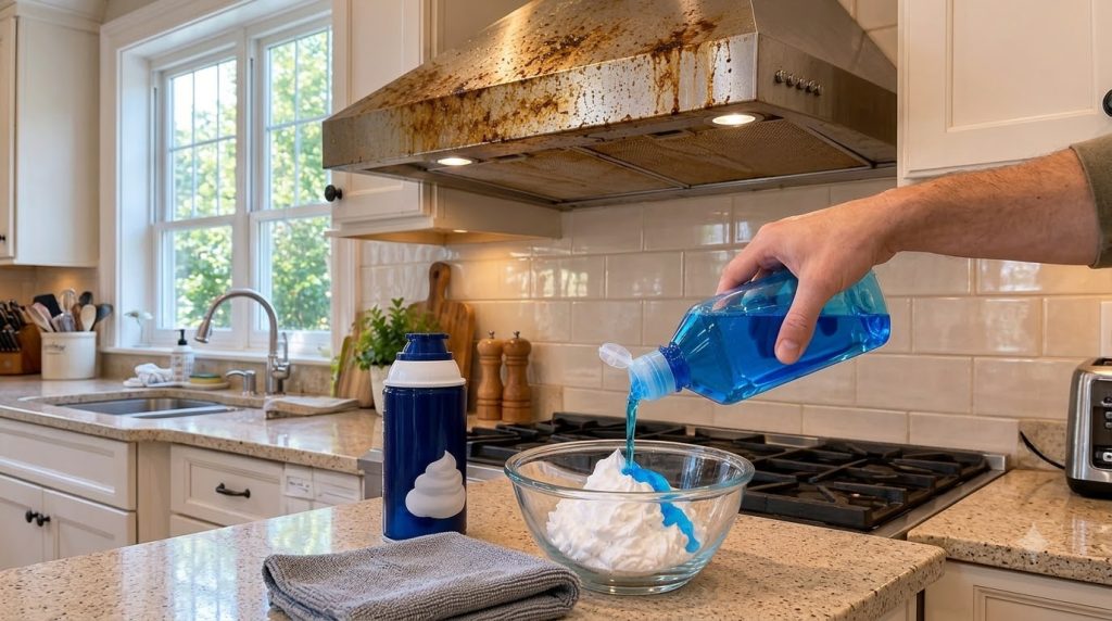 A hand pouring blue dish soap into a bowl of white foam with a dirty stainless steel range hood in the background
