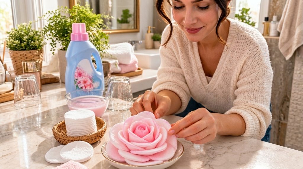 A woman s hands gently arranging a large soft pink rose-shaped bath sponge on a small dish on a bathroom counter with ot