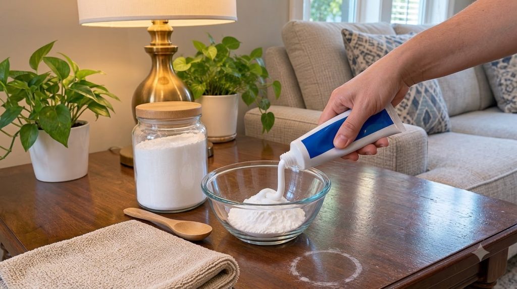 A hand squeezing white toothpaste into a bowl with white powder baking soda on a wooden table next to a water ring stain
