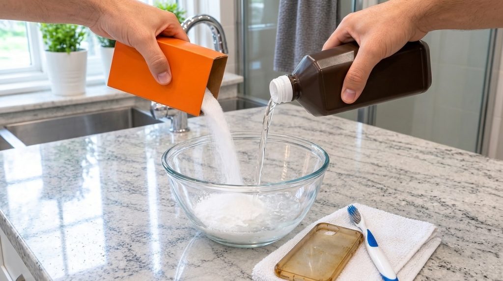 Two hands mixing white powder baking soda from an orange box and clear liquid hydrogen peroxide from a brown bottle in a