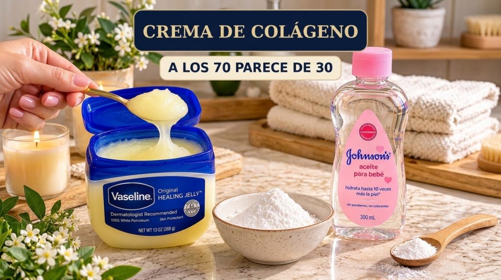 A flat lay of beauty products including an open tub of Vaseline Healing Jelly with a golden spoon a bottle of Johnson s 