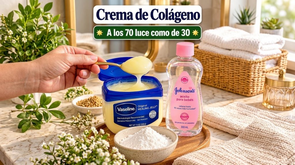 Ingredientes principales para la crema de colágeno casera un bote de Vaselina una botella de aceite para bebé y un cuenc