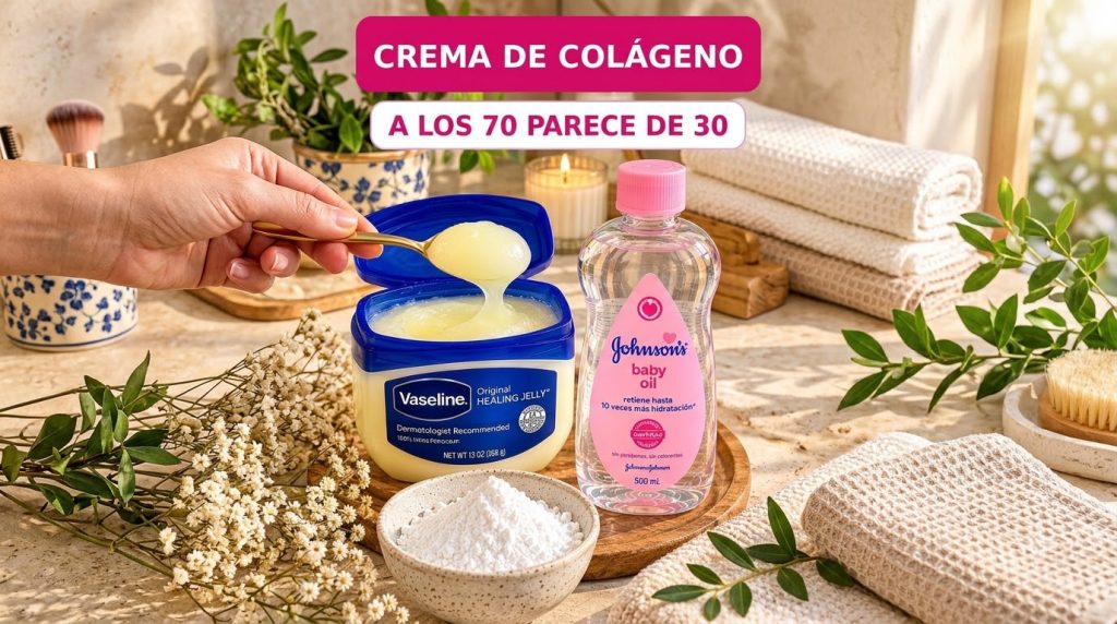 Still life arrangement of beauty and skincare products on a wooden surface including a jar of Vaseline a bottle of baby