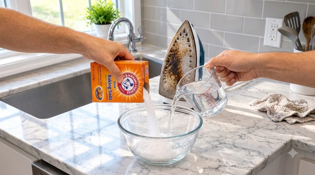 Hands mixing baking soda and water in a clear glass bowl with a scorched iron in the background