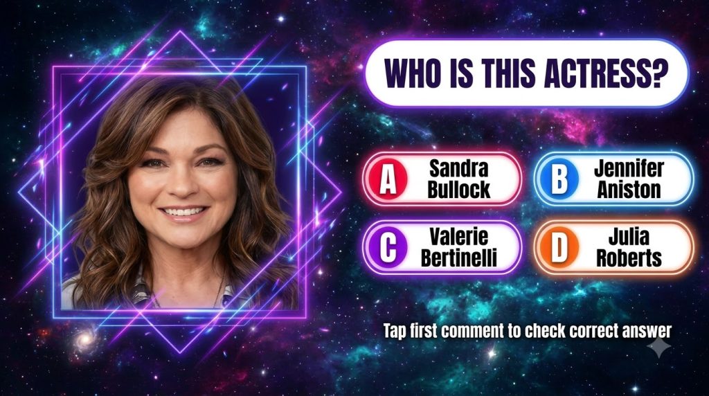 A headshot of Valerie Bertinelli as seen in the quiz framed within a futuristic neon-glowing geometric border against a 
