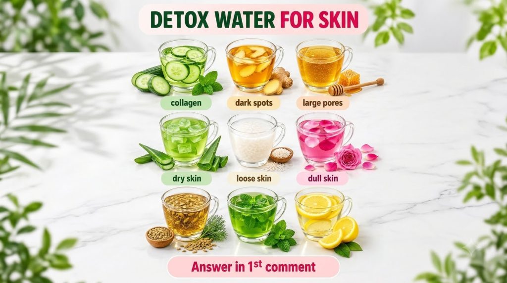 A vibrant grid of nine clear glass cups each containing a different detox water infusion with raw ingredients like cucum