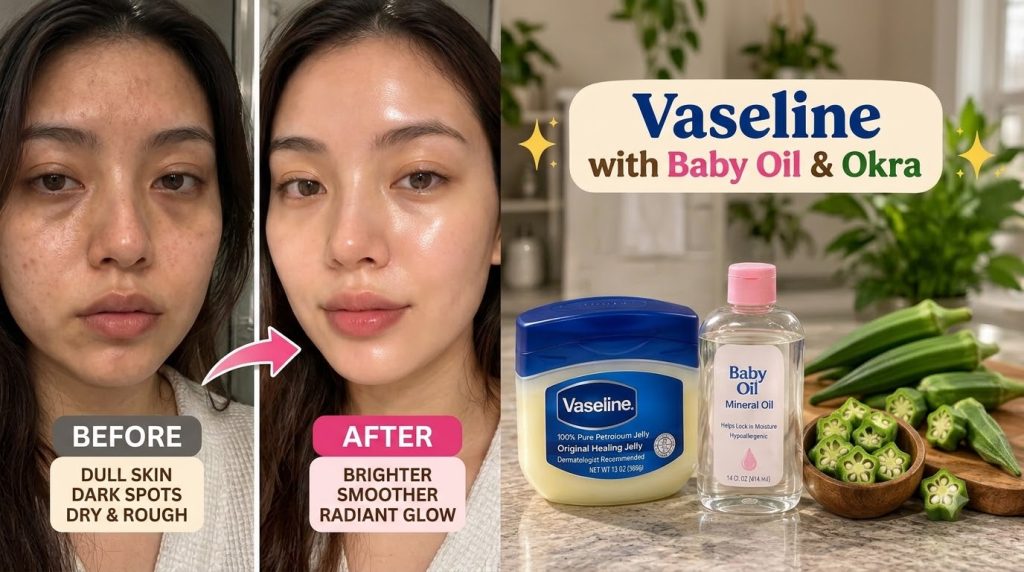 A vertical split-screen Before After comparison of a woman s face showing a transformation from dull dark-spotted skin t
