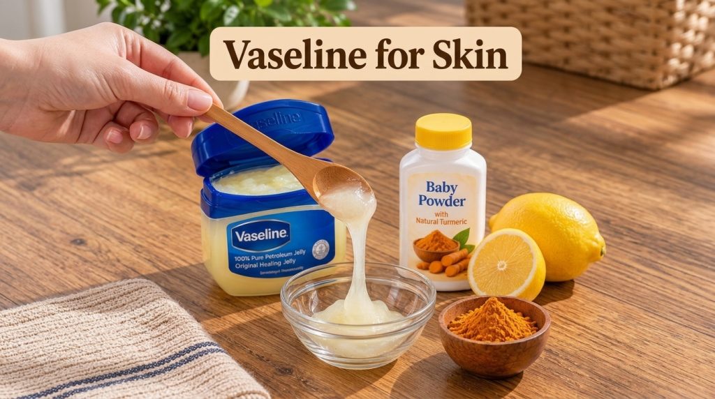 A close-up of a hand dripping petroleum jelly into a small glass bowl surrounded by a tub of Vaseline baby powder with n
