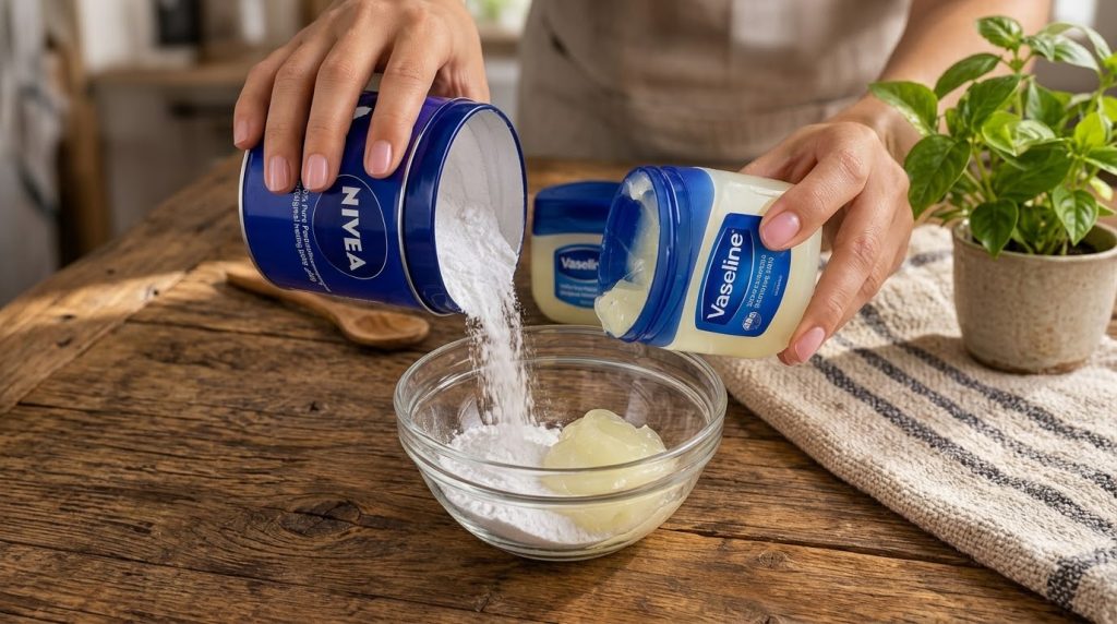 Hands mixing ingredients in a clear glass bowl on a rustic wooden table representing the start of a DIY skincare project