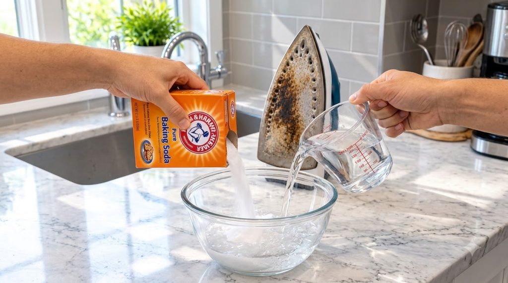 Hands pouring baking soda and water into a bowl with a stained iron in the background