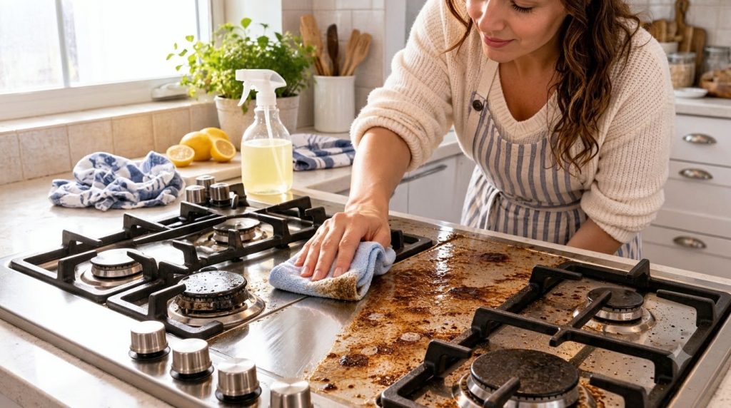 A person s hand cleaning a stainless steel stovetop with a blue microfiber cloth and a natural lemon cleaning solution i
