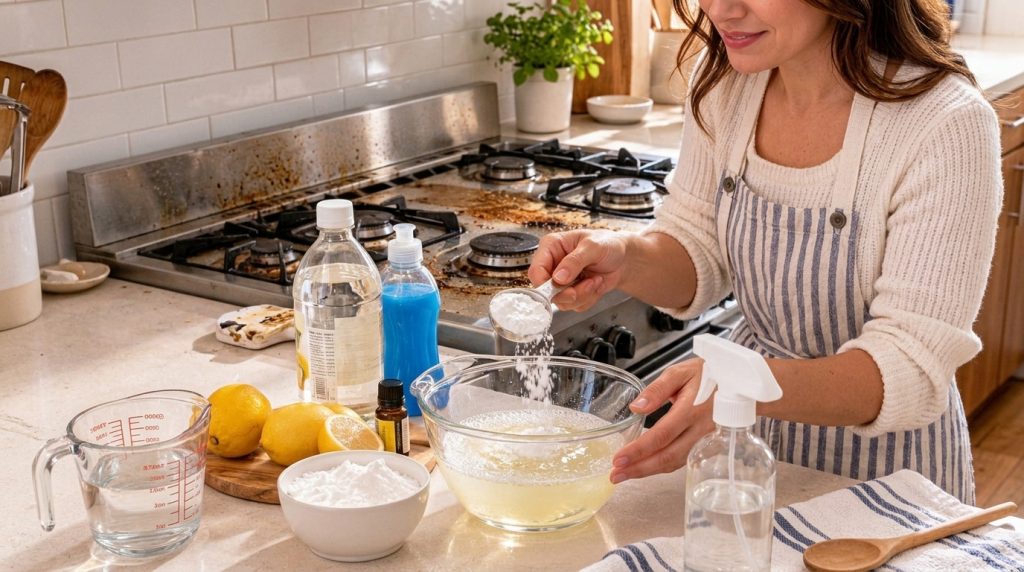 Hands mixing white powder baking soda into a clear glass bowl containing yellowish liquid vinegar and foam with dish soa