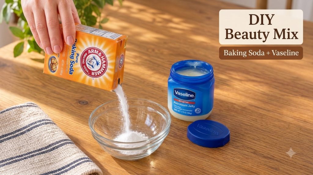 A hand pouring white baking soda from an orange box into a clear glass bowl on a wooden surface with an open blue jar of