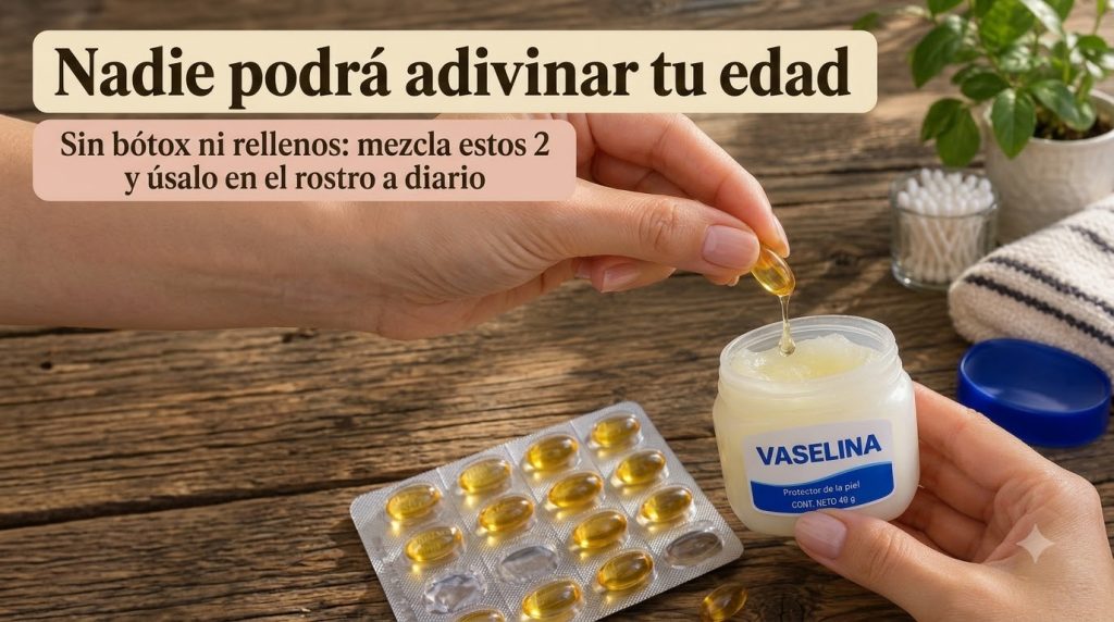 Close-up of hands mixing liquid from a golden Vitamin E capsule into an open jar of Vaseline on a rustic wooden table