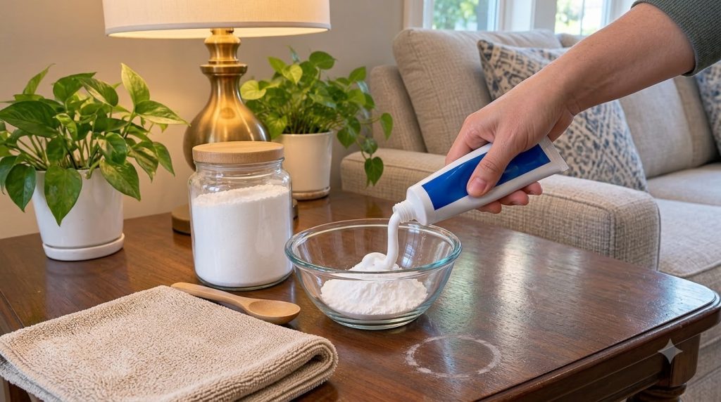 Hand squeezing toothpaste into baking soda in a bowl on a wooden table with a water stain