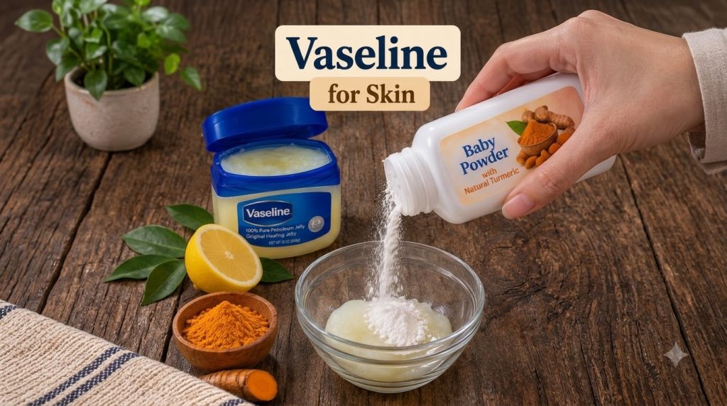 A hand pouring white baby powder into a glass bowl containing Vaseline next to an open jar of Vaseline a lemon half a bo